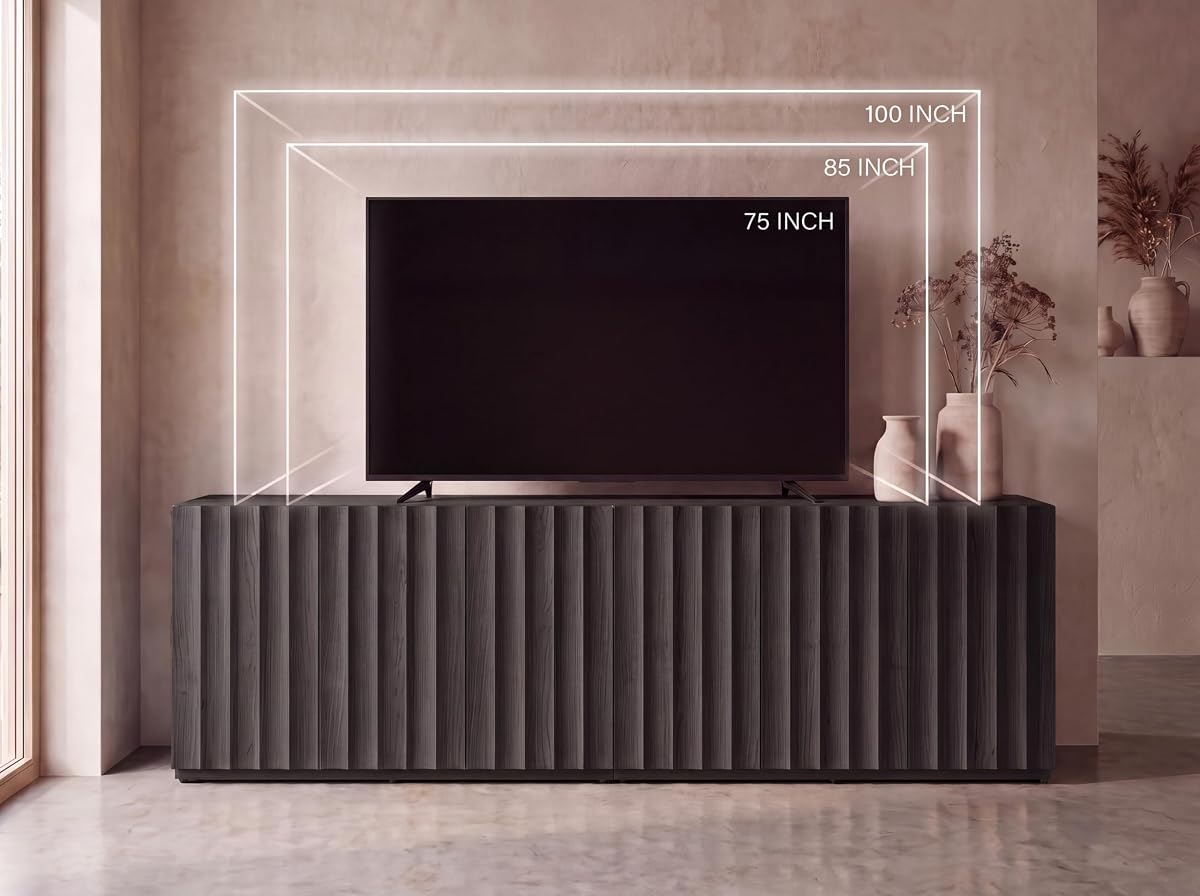 93.92” TV Stand, Modular Fluted Mid Century Modern, Charcoal Oak