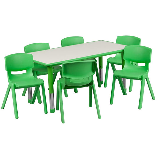 Emmy Adjustable Classroom Activity Table with 6 Stackable Chairs, Plastic Activity Table for Kids, 23.625" W x 47.25" L, Green/Gray
