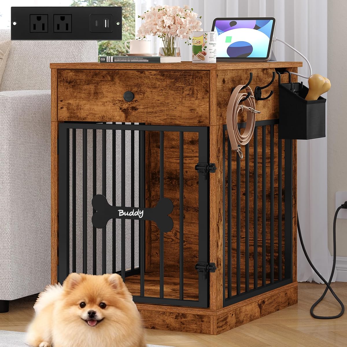 24.6'' Dog Crate Furniture with Storage & Power Indoor Dog Kennel