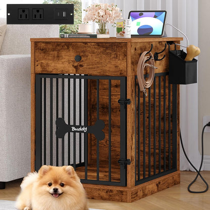 24.6'' Dog Crate Furniture with Storage & Power Indoor Dog Kennel