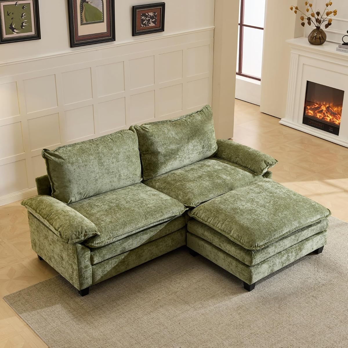 87" Convertible Sectional Sofa,L-Shaped Deep Seat Sofa Couch for Living Room,Modern 2-Seat Loveseat Sofa with Ottoman for Small Space(Olive Green)