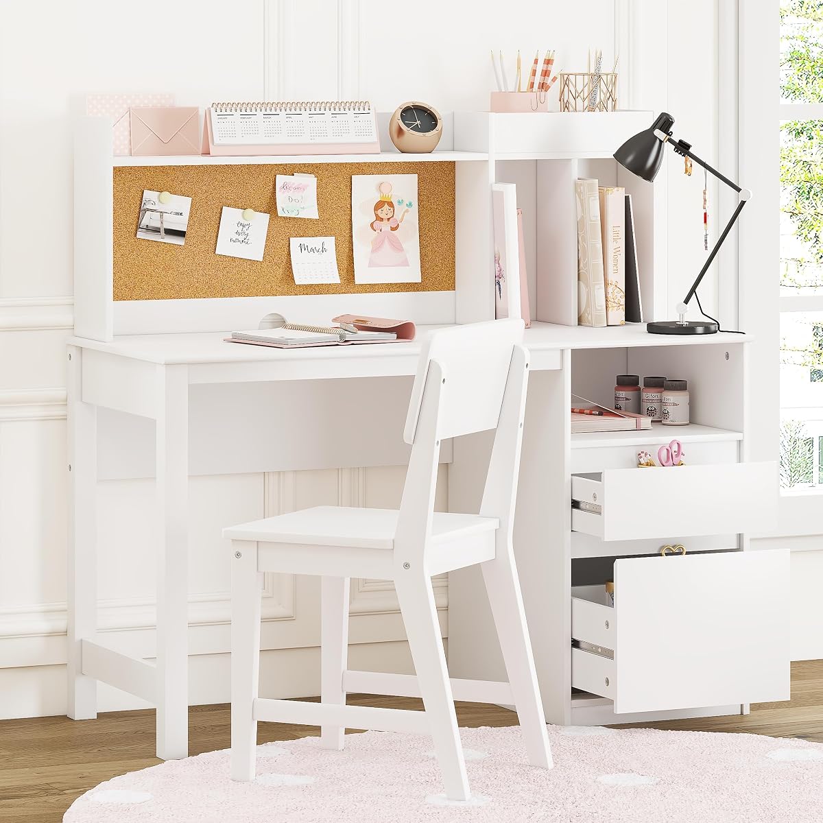 Wooden Kids Study Desk Set with Hutch and Storage for Ages 5-12