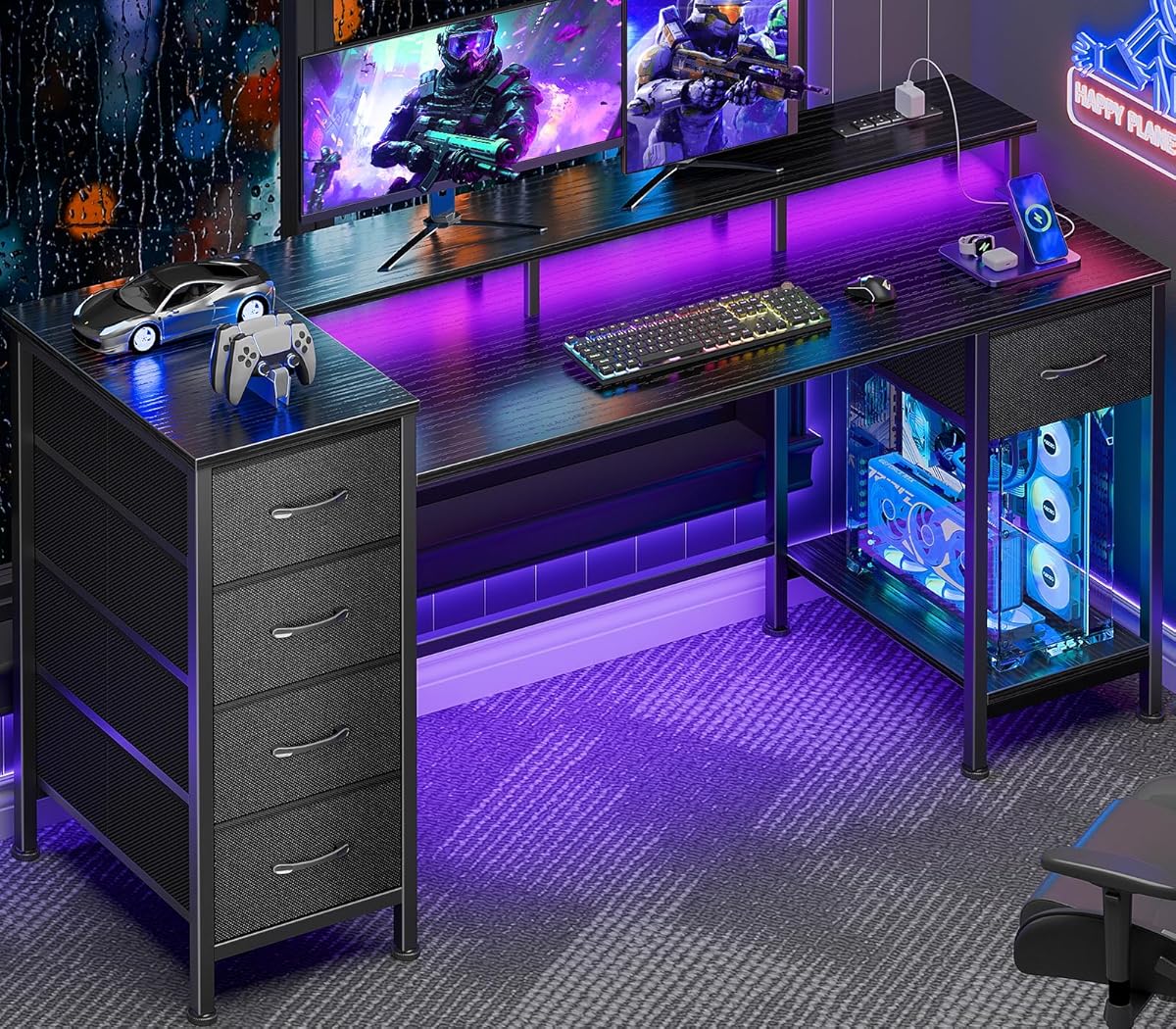 55 Inch Computer Gaming Desk with Power Outlets LED Lights Reversible Home Office with Adjustable Fabric Storage Drawers for Working Writing Study, Black