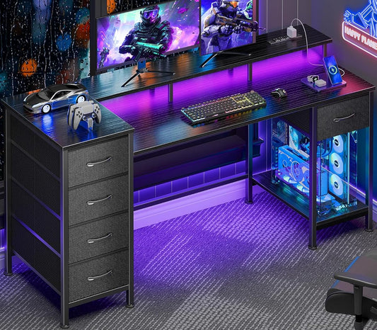 55 Inch Computer Gaming Desk with Power Outlets LED Lights Reversible Home Office with Adjustable Fabric Storage Drawers for Working Writing Study, Black
