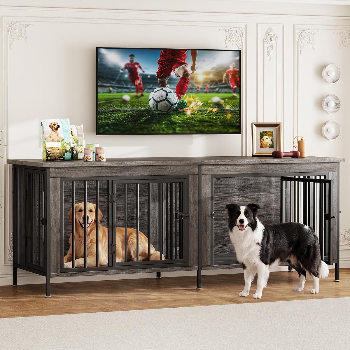 63" Dog Crate Furniture for 2 Dogs with Divider, Gray Wood Grain