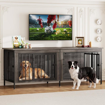 63" Dog Crate Furniture for 2 Dogs with Divider, Gray Wood Grain