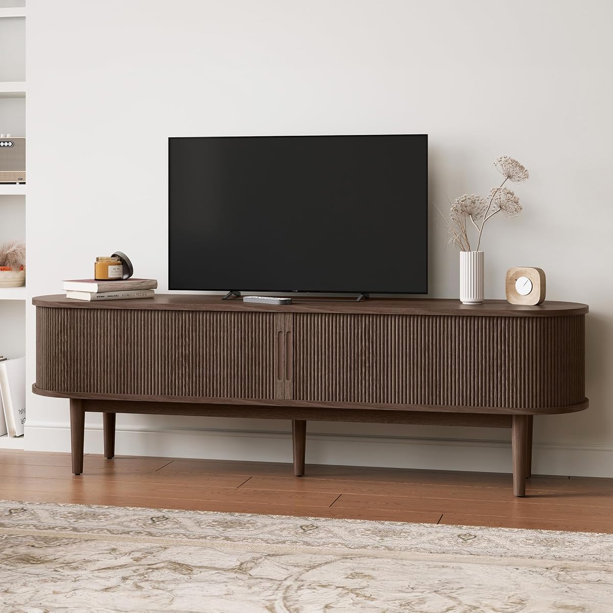 70" Fluted TV Stand for TVs up to 80 Inch, Mid Century Modern Entertainment Center with Storage Cabinet and Sliding Doors, Farmhouse Wood Media TV Console for Living Room, Bedroom, Walnut