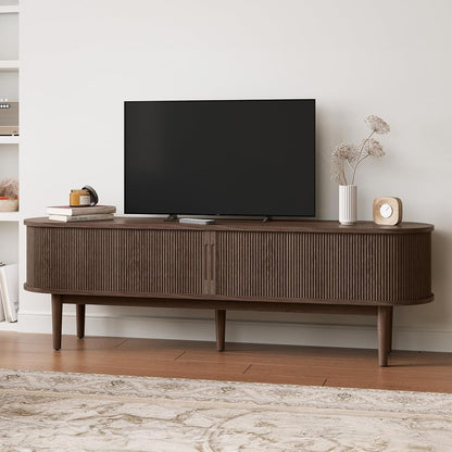 70" Fluted TV Stand for TVs up to 80 Inch, Mid Century Modern Entertainment Center with Storage Cabinet and Sliding Doors, Farmhouse Wood Media TV Console for Living Room, Bedroom, Walnut