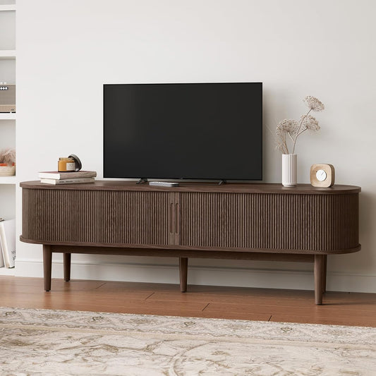 70" Fluted TV Stand for TVs up to 80 Inch, Mid Century Modern Entertainment Center with Storage Cabinet and Sliding Doors, Farmhouse Wood Media TV Console for Living Room, Bedroom, Walnut