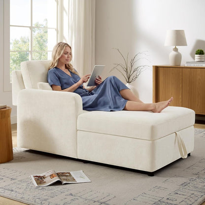 58" Oversized Chaise Lounge Chair with Storage, Chenille Beige