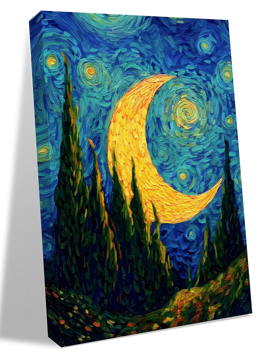 NuYeBiofx Abstract Moon Night Valley Forest Canvas Wall Art Prints,48"x32" Framed Picture Artwork Mystical Impressionist Art Printed Canvas Oil Painting for Living Room Bedroom Office,Ready to Hang