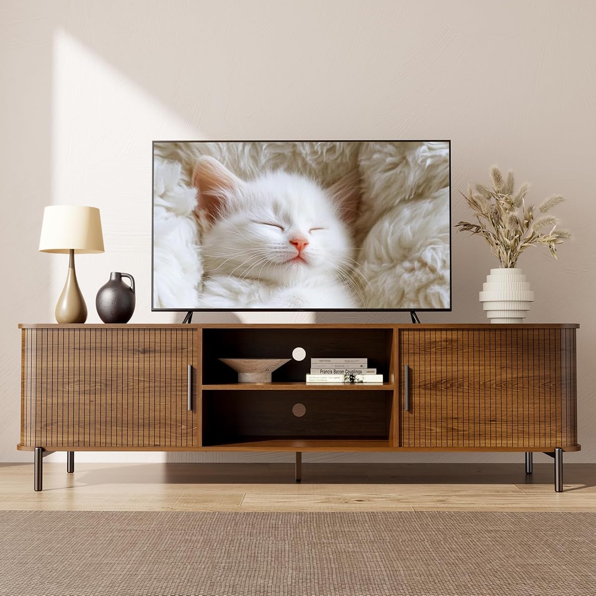 70" Mid-Century Fluted TV Stand with Storage up to 80 Inch, Walnut | Modern Entertainment Center with Sliding Doors & Open Shelves