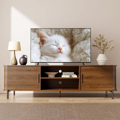 70" Mid-Century Fluted TV Stand with Storage up to 80 Inch, Walnut | Modern Entertainment Center with Sliding Doors & Open Shelves