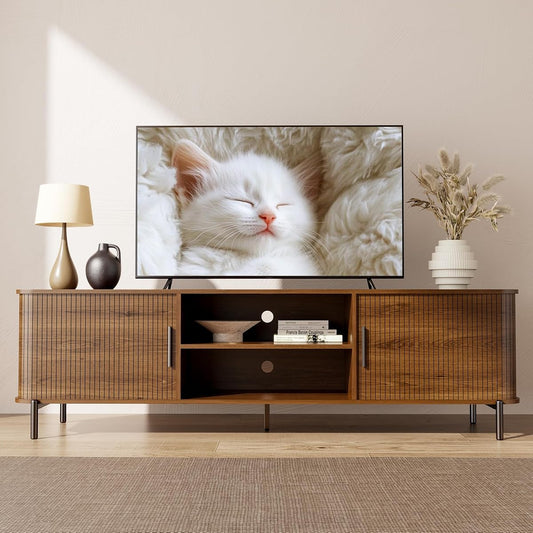 70" Mid-Century Fluted TV Stand with Storage up to 80 Inch, Walnut | Modern Entertainment Center with Sliding Doors & Open Shelves