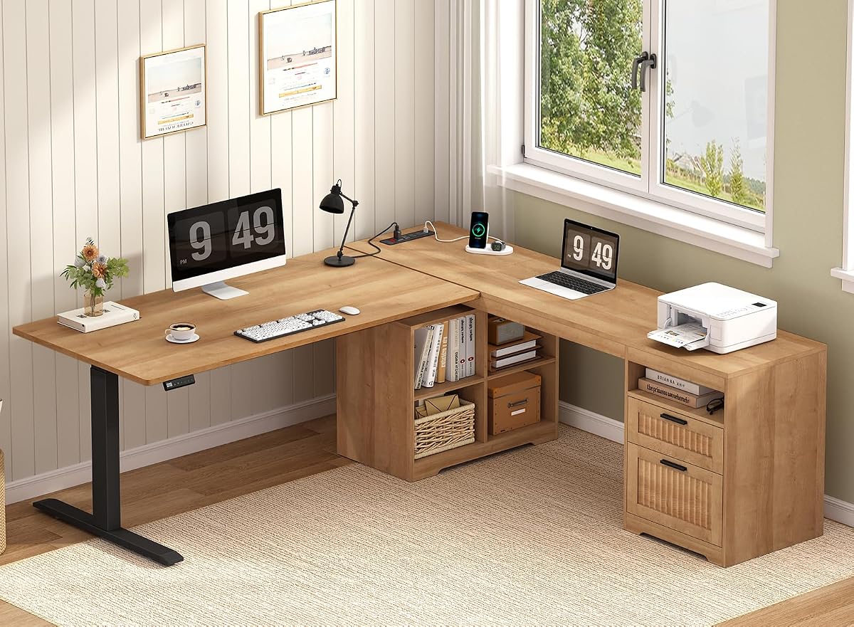 66 inch Fluted L Shaped Standing Desk with Storage for Home Office