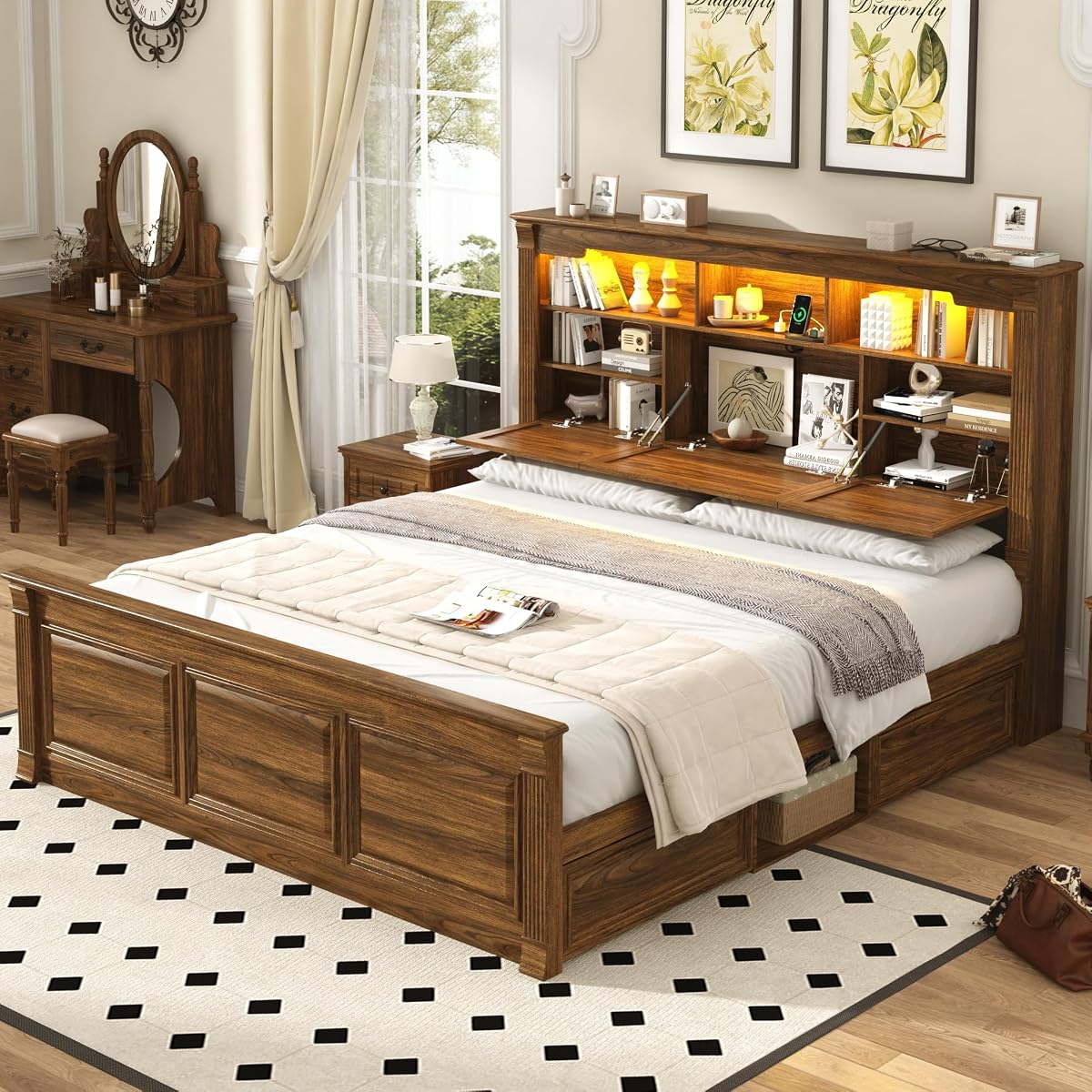 Farmhouse King Size Bed Frame with 55" Tall Storage Headboard & 4 Drawers