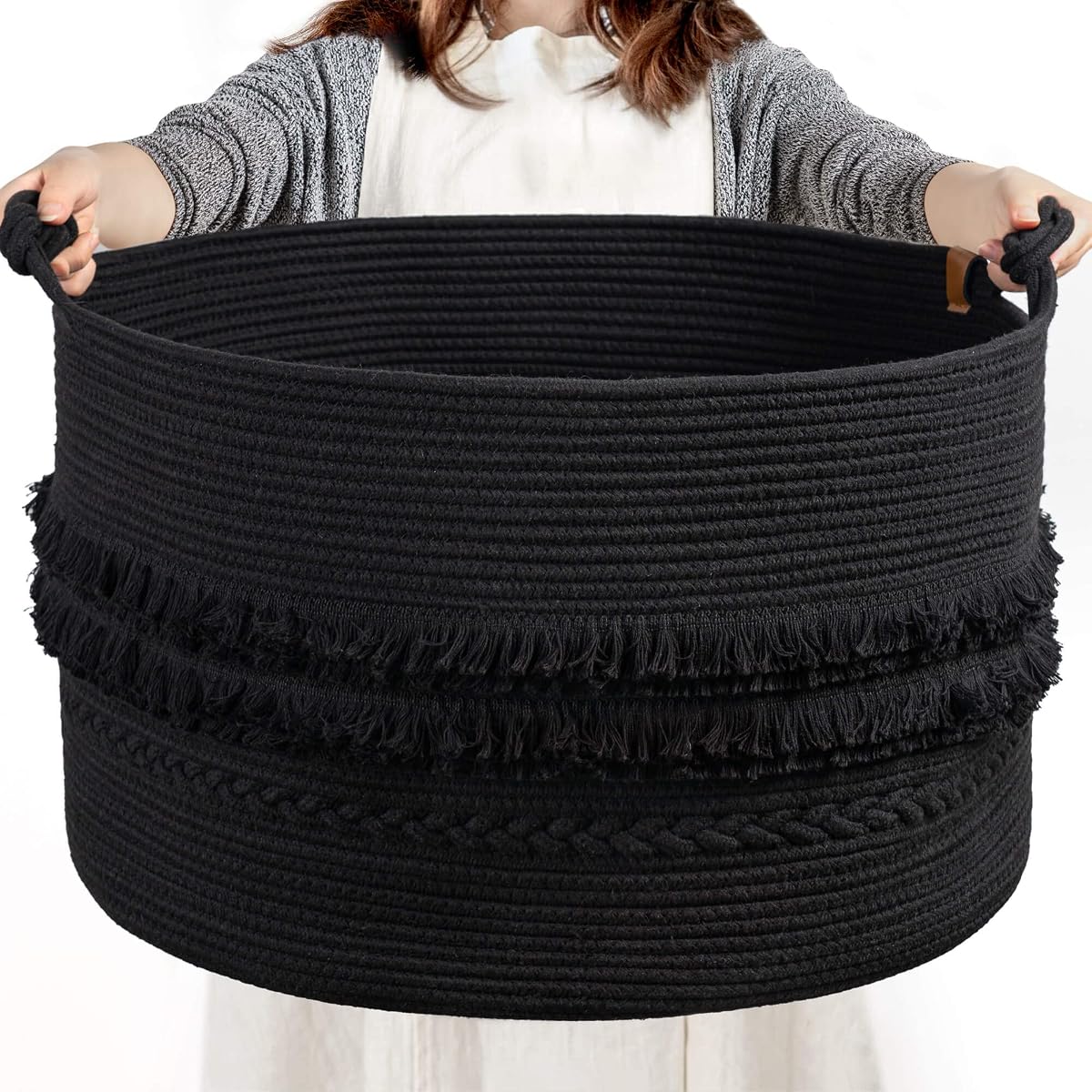 Large Blanket Basket Living Room, Laundry Basket With Tassel, 90L | Woven Storage Basket for Toys, Clothes & Pillows Storage，Bedroom Nursery Décor, Laundry Hamper With Handles, Black