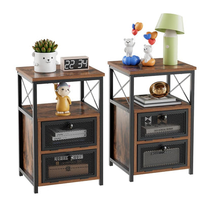 End Side Table, Modern Night Stand with Storage Space and Door, Set of 2 Nightstands for Living Room,Bedroom,Lounge,Antique Brown