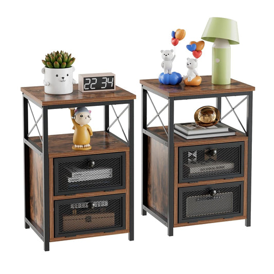 Antique brown nightstands with storage and door, set of 2