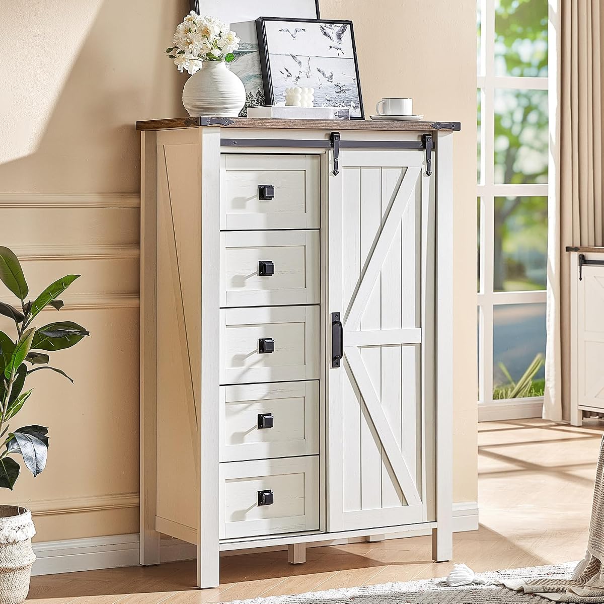 31.5" Farmhouse 5-Drawer Dresser with Barn Doors, Distressed White