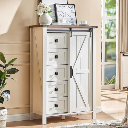31.5" Farmhouse 5-Drawer Dresser with Barn Doors, Distressed White
