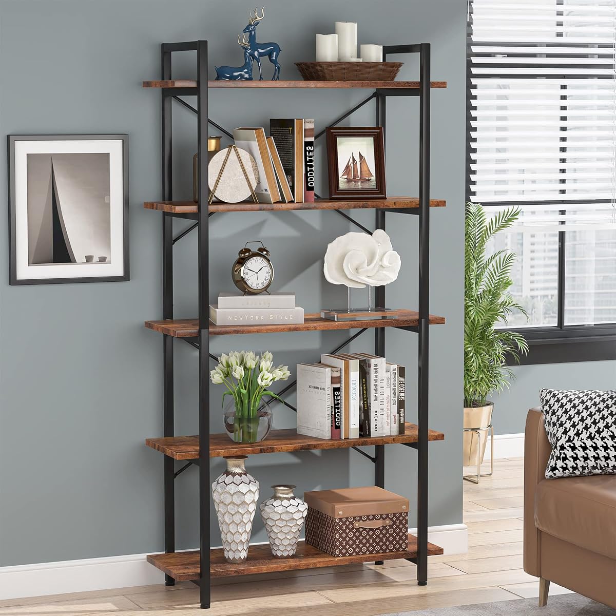 Tribesigns 5 Tier Bookshelf, Industrial Etagere Bookcase with Heavy-Duty Metal Frame, Rustic Tall Book Shelf Unit for Living Room, Study, Home Office (1, Rustic)