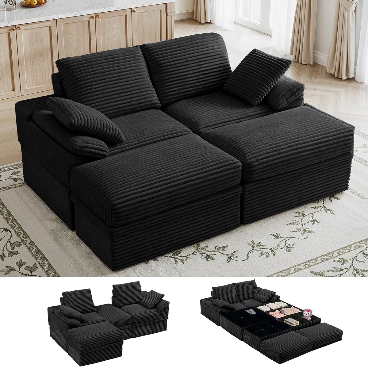 71" Modular Loveseat Sofa with Storage, 2-Seater Boneless Couch with Ottoman, 48" Deep Seat Corduroy Cloud Couch for Small Spaces Apartment, Tool-Free Assembly, Black