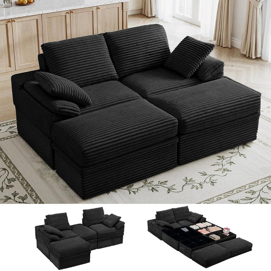 71" Modular Loveseat Sofa with Storage, 2-Seater Boneless Couch with Ottoman, 48" Deep Seat Corduroy Cloud Couch for Small Spaces Apartment, Tool-Free Assembly, Black