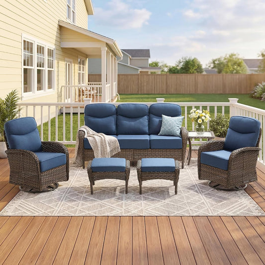 Outdoor Swivel Rocking Chair Patio Set (6-Piece), High-Back - Thick Cushion Swivel Rocking Chair Patio Set, All-Weather Wicker Patio Furniture Set, Suitable for Balcony Patios, Brown/Blue