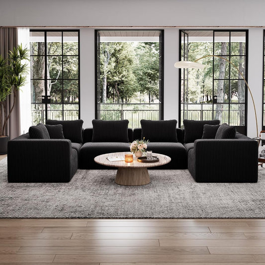 141” 6-Seat Modular Sectional Sofa Couch, Individually Wrapped Coil Support & Corduroy Fabric, Zero Assembly 6-Piece Set for Large Living Room, Black