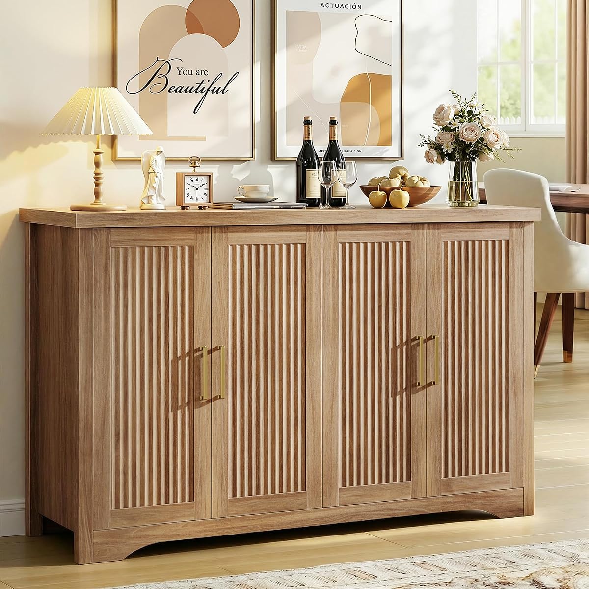 Fluted Sideboard Buffet Cabinet with Storage 55.59",Natural Oak