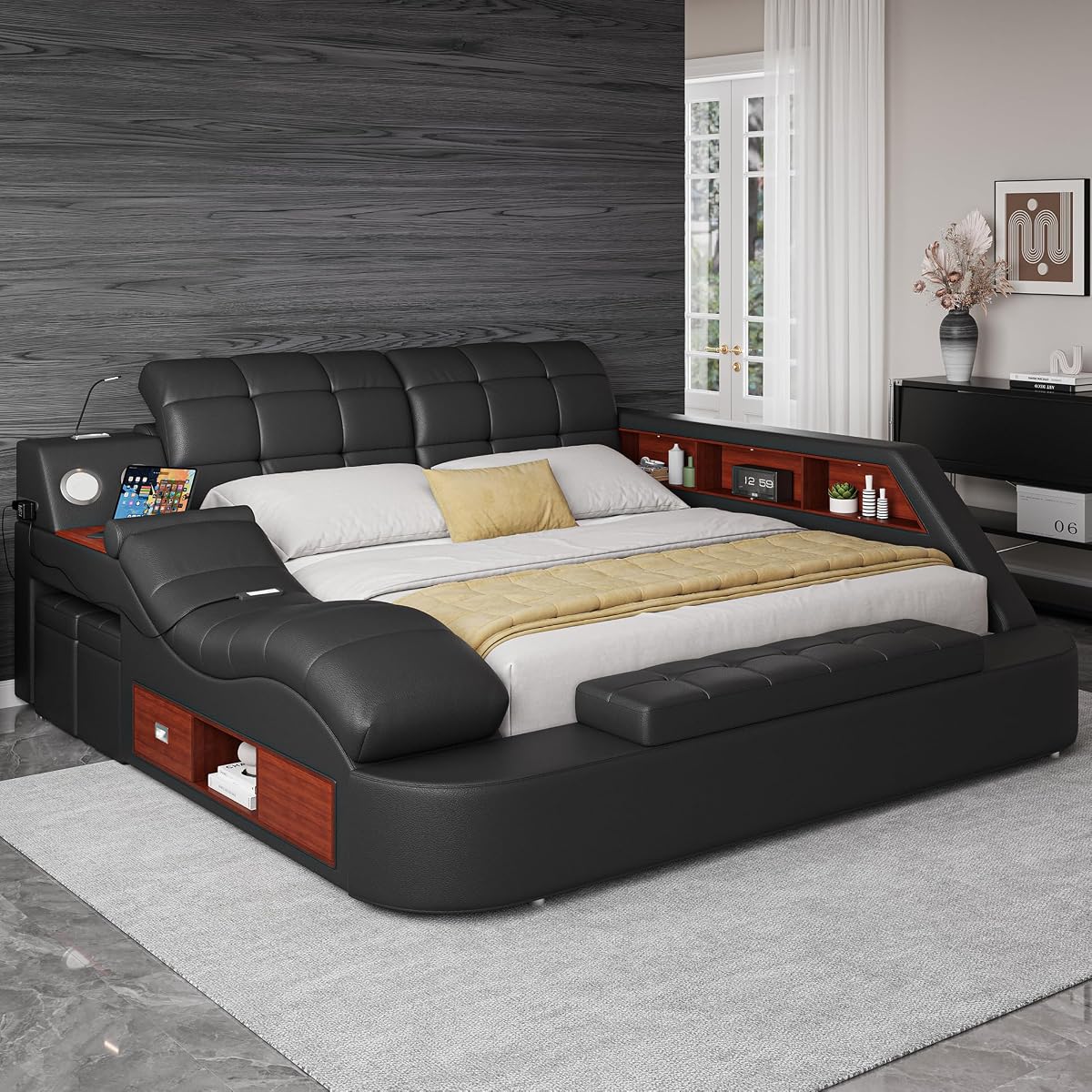 Luxury King Bed Frame PU Leather Bluetooth USB AF