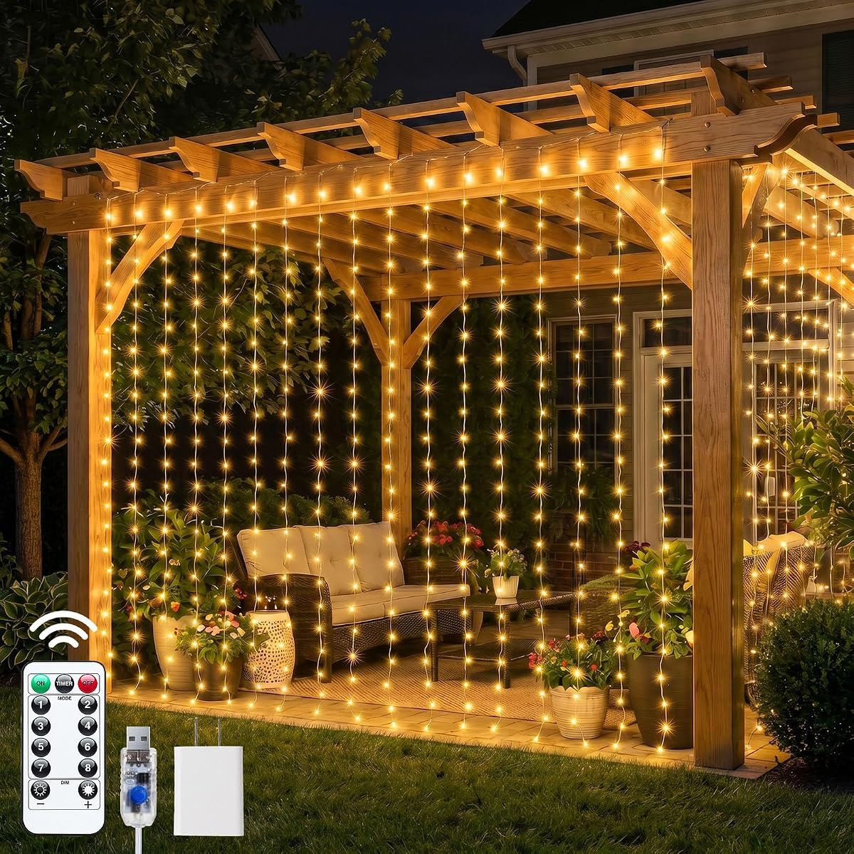 600 LED Curtain String Lights, 20 FT Hanging Fairy Lights with Remote, 8 Modes, Waterproof Window Lights for Bedroom Backdrop Wedding Outdoor Christmas Party, Warm White