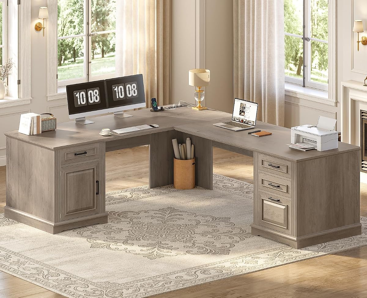 69" L Shaped Desk with Drawers and Storage
