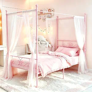 Twin Canopy Bed Frame with Headboard, Metal Twin Beds for Kids, Pink, view 2