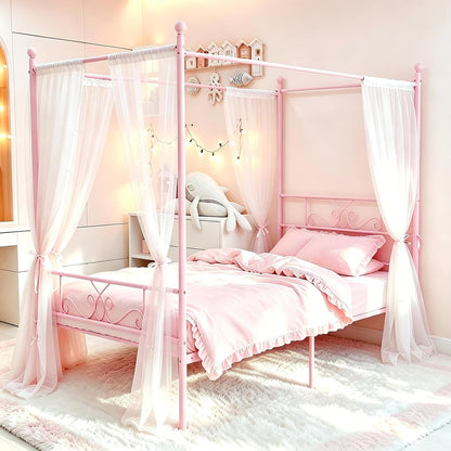 Twin Canopy Bed Frame with Headboard, Metal Twin Beds for Kids, Pink