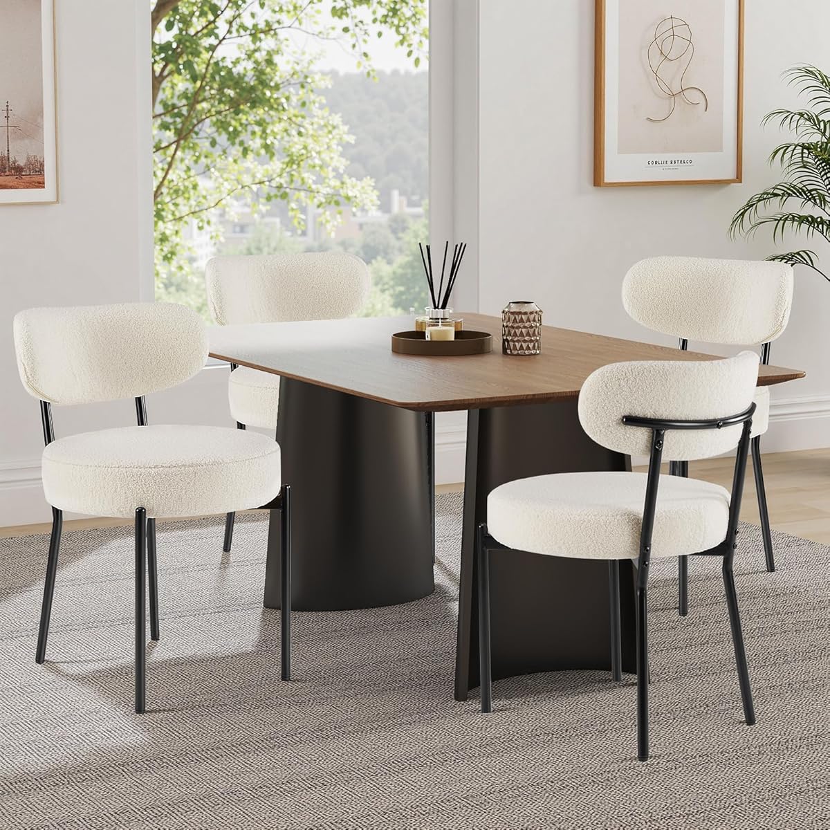 Dining Chairs Set of 4, Boucle Upholstered Modern Mid Century Round Kitchen Chairs with Curved Backrest & Metal Legs for Vanity, Living Room - Beige
