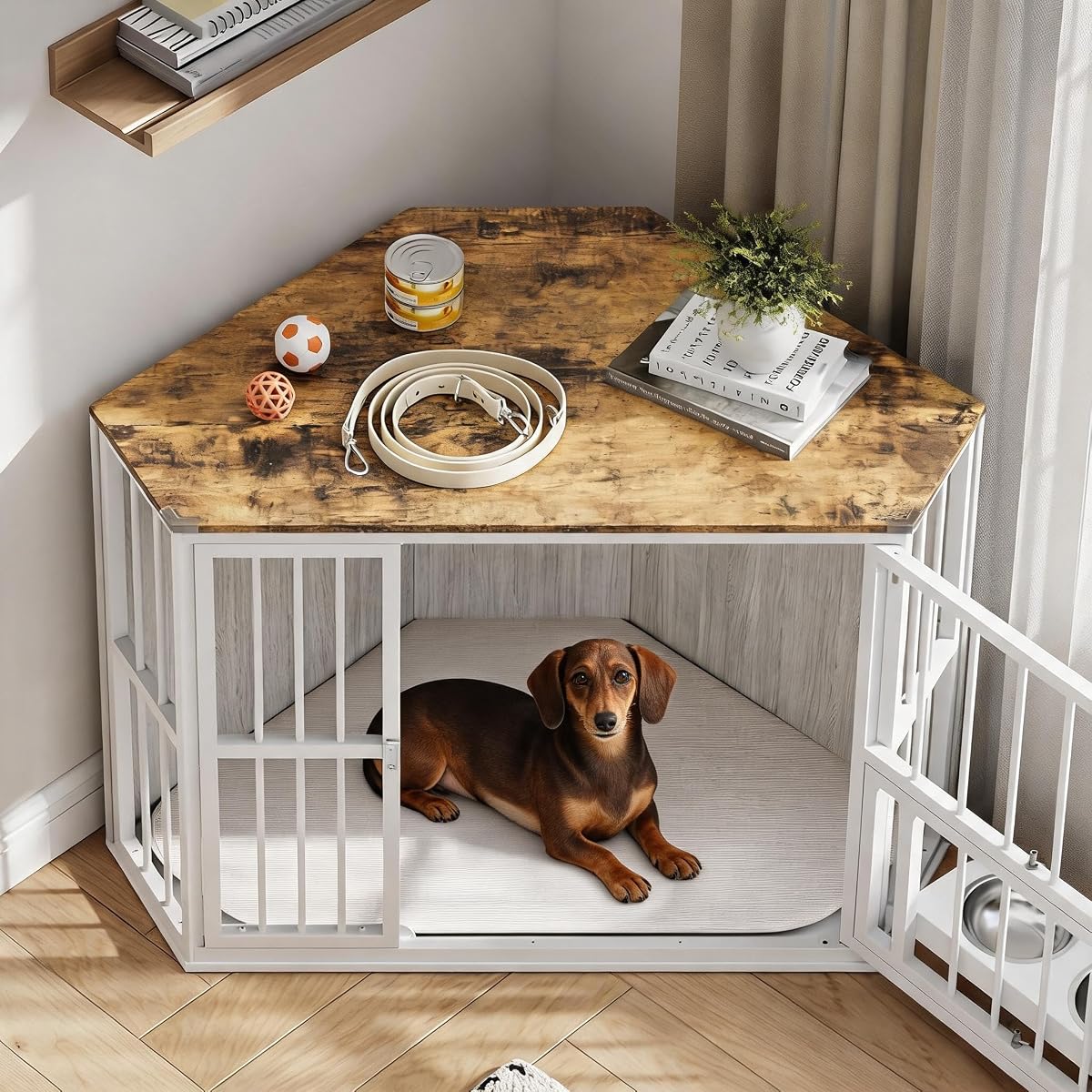 Corner Dog Cage Cabinet, Iron Frame, Pet Kennel Cabinet