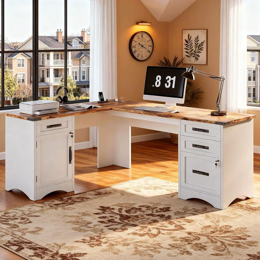 67" Farmhouse L Shaped Standing Desk with Drawers Home Office Executive Desks