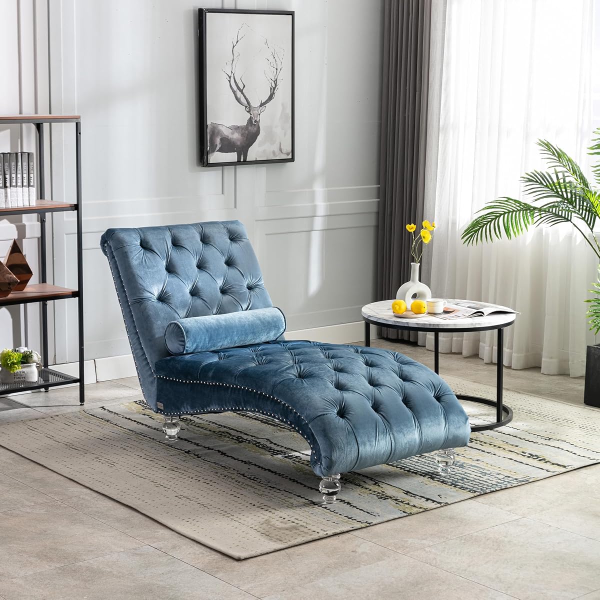 64" Velvet Chaise Lounge Chair Indoor with Ergonomic S-Shaped Backrest & 1