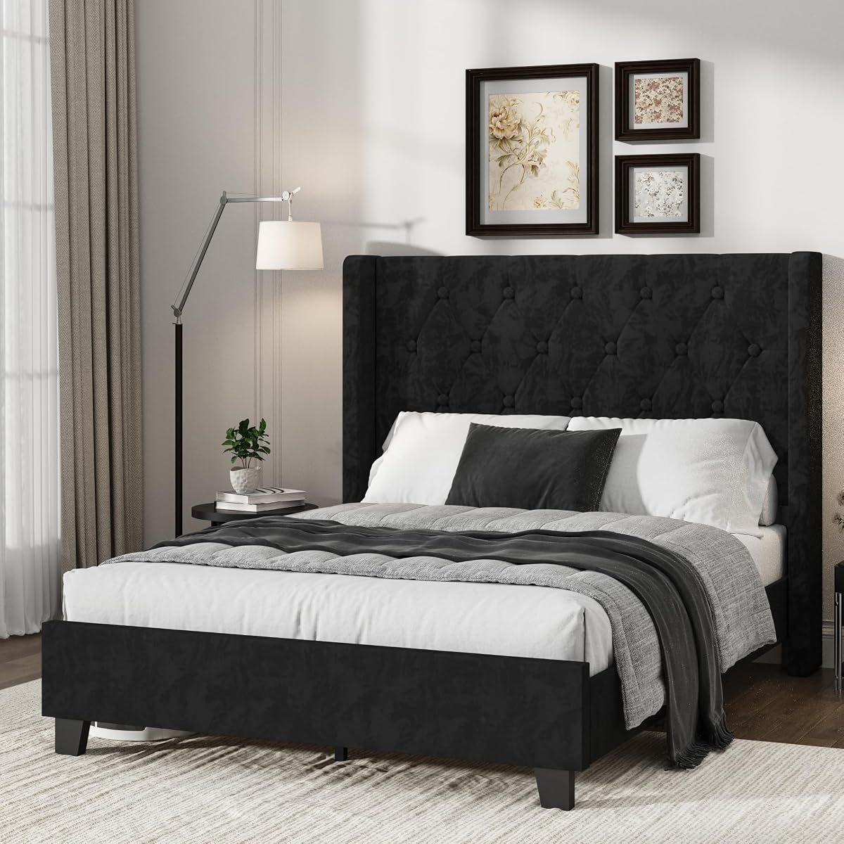 Upholstered Queen Bed Frame, 54" Tall Wingback Headboard, Black