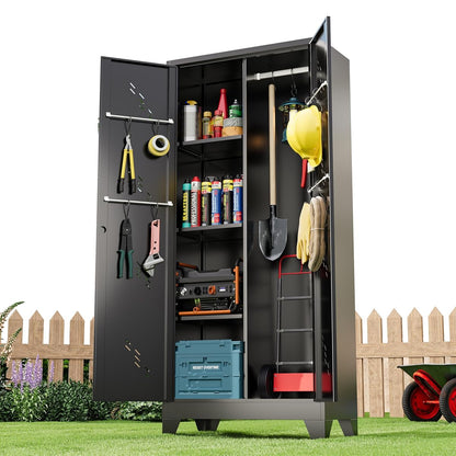 Metal Storage Cabinet 71" H, Garege Storage with Stainless Steel Bottom, Black Cleaning Supplies Organization Cabinet with Lockable Doors and Hanging Rod for Outdoor, Home Office