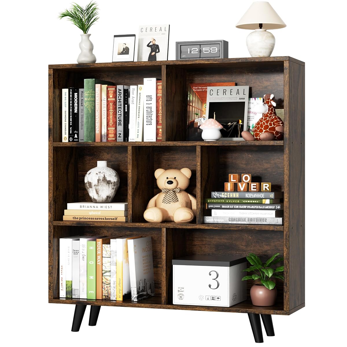 Cube Storage Organizer, 3 Tier Mid-Century Bookcase with Legs Cubeicals Retro Wood Organizer Storage Bookcase, Freestanding Open Book Shelves for Bedroom,Living Room,Office(Brown)