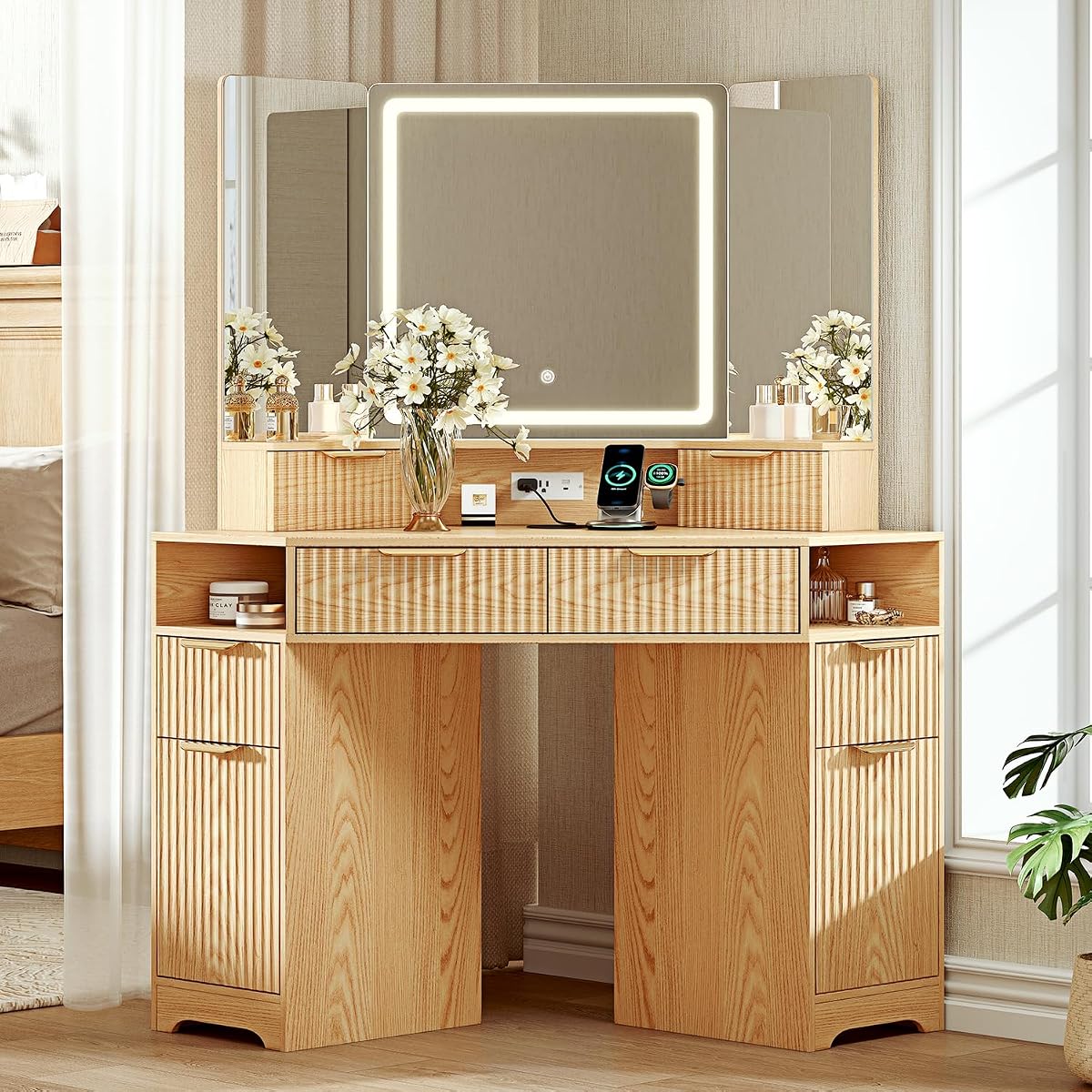 Corner Makeup Vanity Desk with 3 Way Mirror and Lights