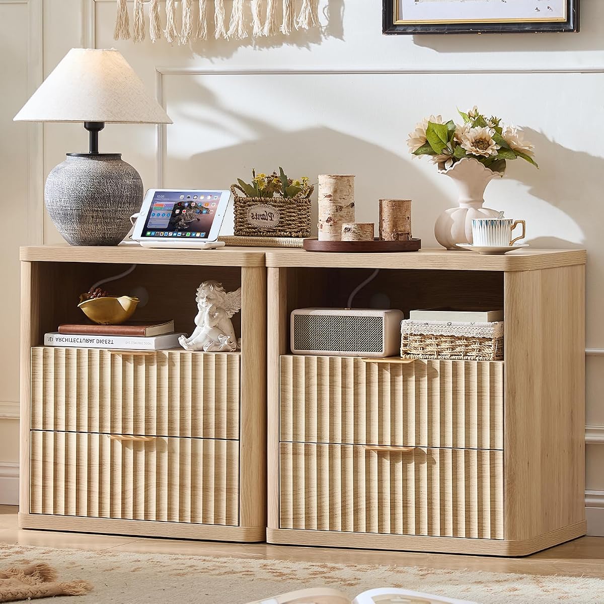 Fluted Farmhouse Nightstand Set of 2 with Charging Station
