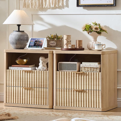 Fluted Farmhouse Nightstand Set of 2 with Charging Station