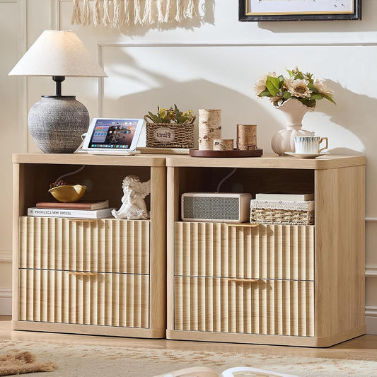 Fluted Farmhouse Nightstand Set of 2 with Charging Station