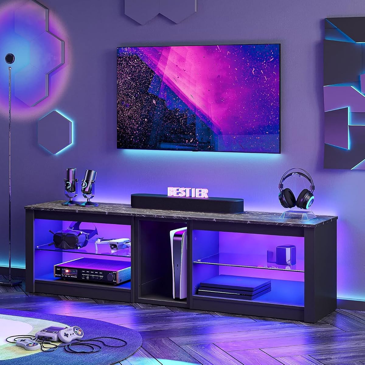 TV Stand for 70 inch TV, Gaming Entertainment Center for PS5, LED TV Cabinet with Glass Shelves for Living Room, 63'' Inch, Marble Black