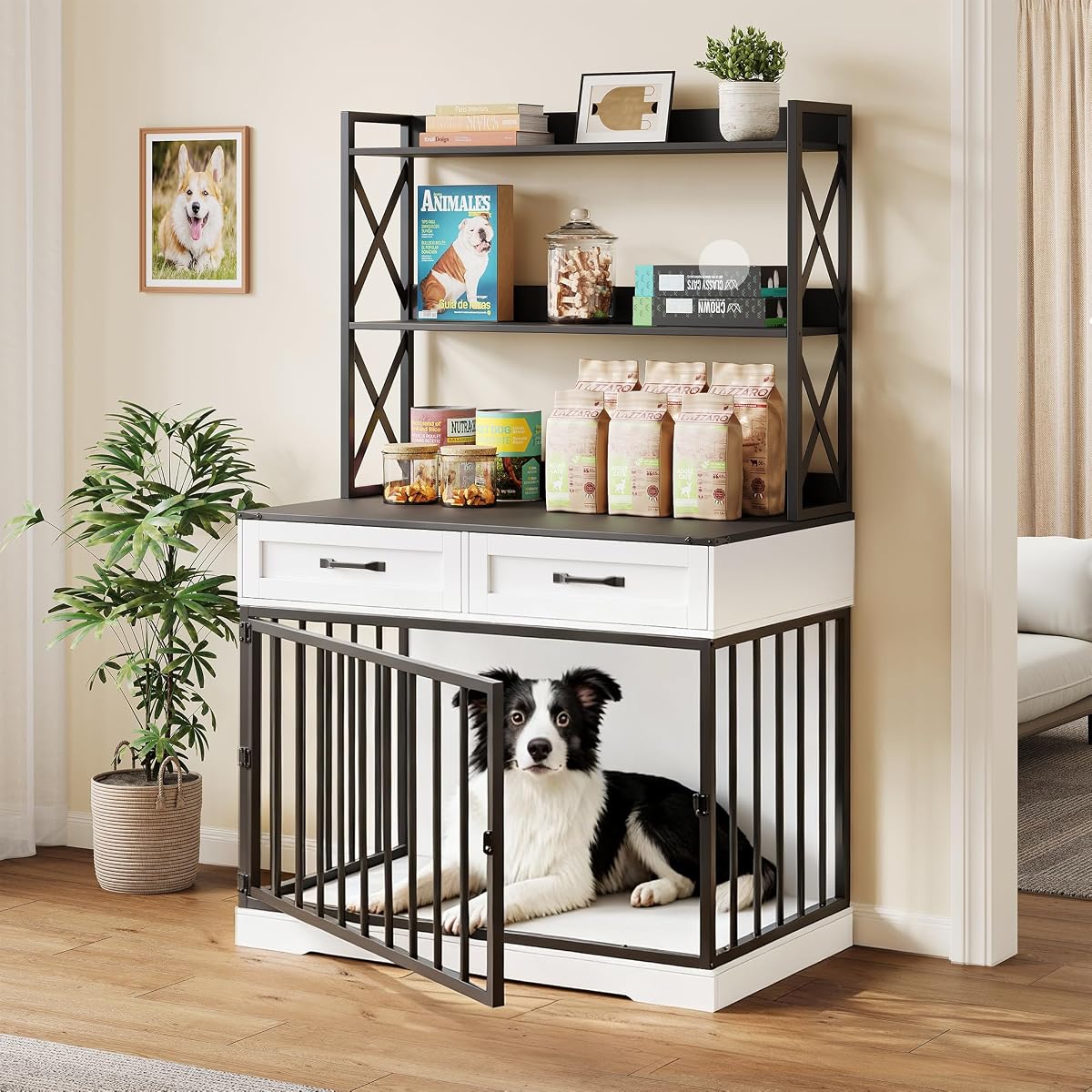 42”×65.4”Dog Crate Furniture, Pet Cage with Storage Drawers & Shelves