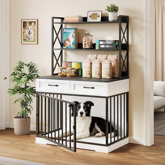 42”×65.4”Dog Crate Furniture, Pet Cage with Storage Drawers & Shelves